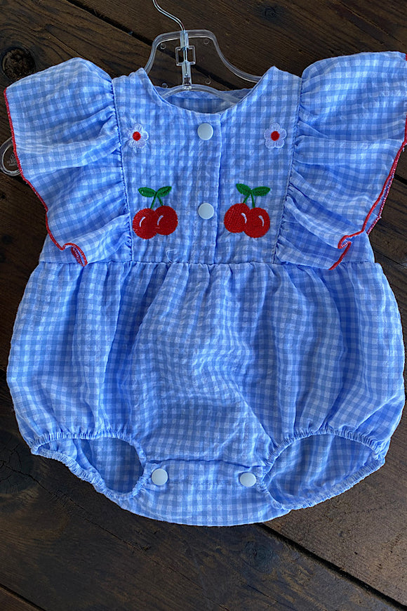 DLH2350 Plaid cherry & floral embroidery printed baby onesie