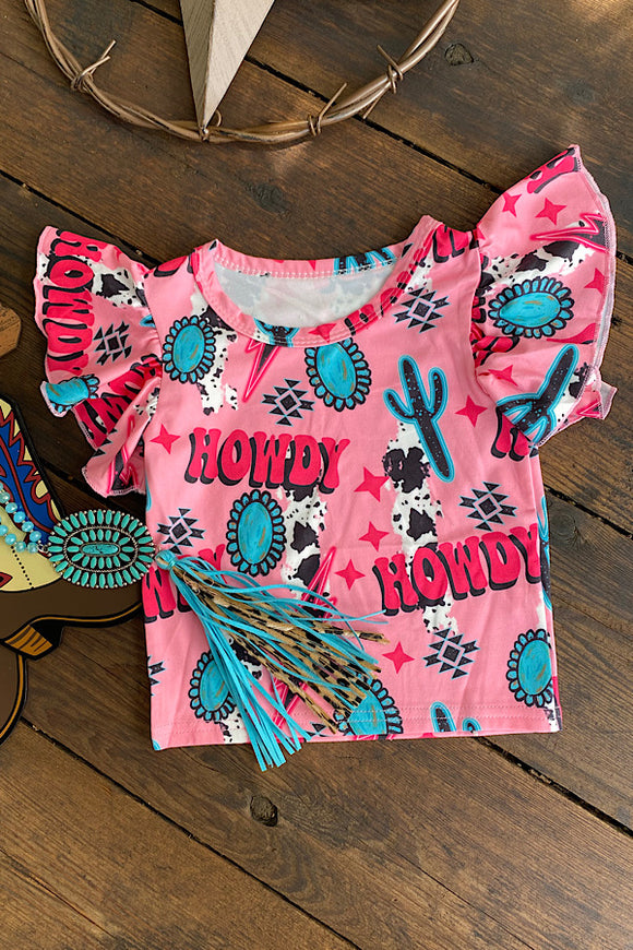 DLH2385 HOWDY pink cactus & concho ruffle girls blouse
