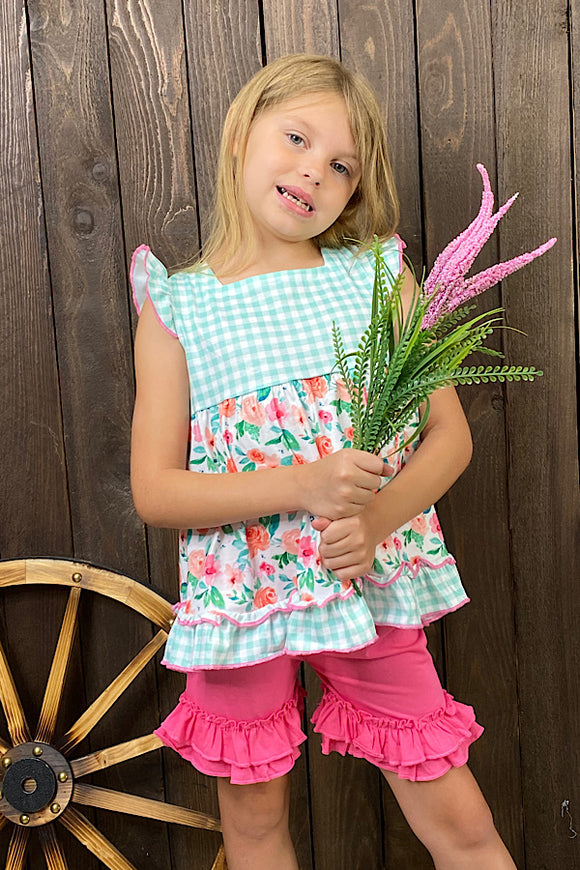 Floral ruffle top w/pink shorts 2pc set