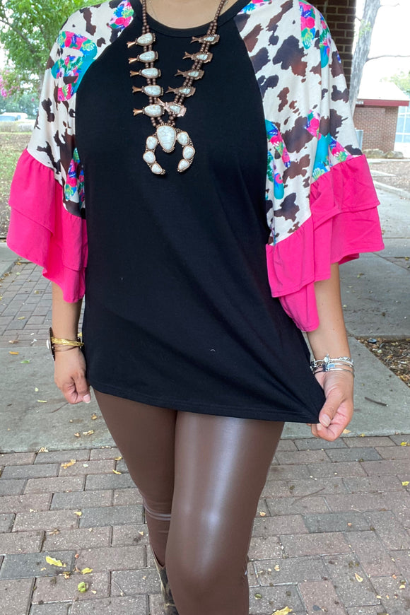 XCH14037  BLACK TOP W/ COW & TURQUOISE CACTUS SLEEVES AND PINK RUFFLE TRIM