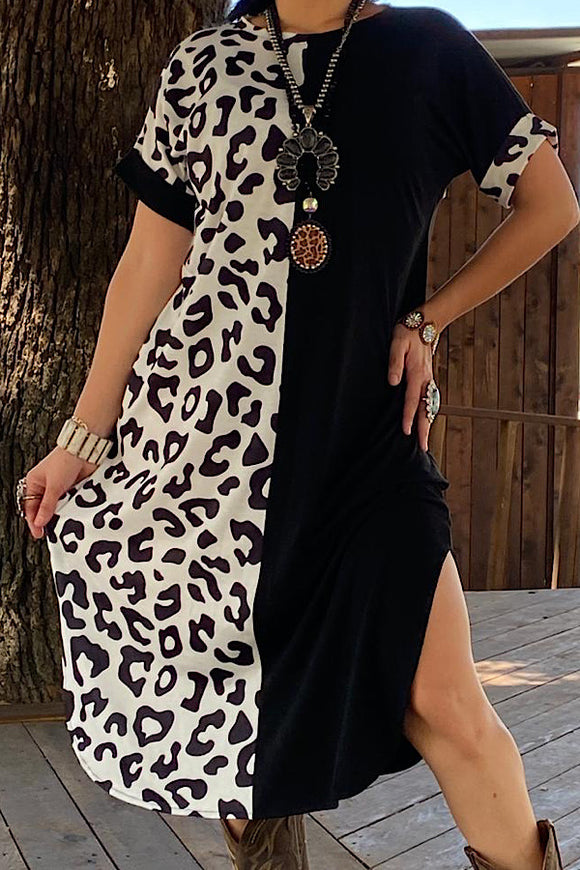 GJQ13427S White leopard & black half maxi dress