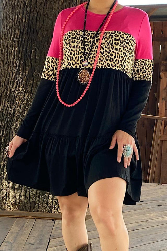 BQ13354 Color block & leopard printed long sleeve dress