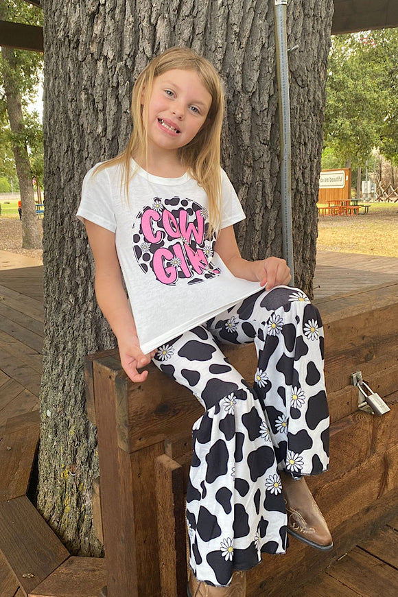 COW GIRL & daisies printed 2pcs girl set