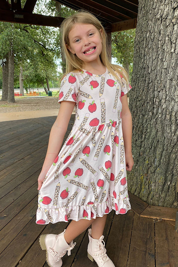 Apples & leopard printed pencil short sleeve girls dress