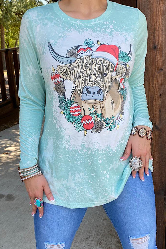 XCH13652 Tiffany blue Christmas hippie cow printed long sleeve top