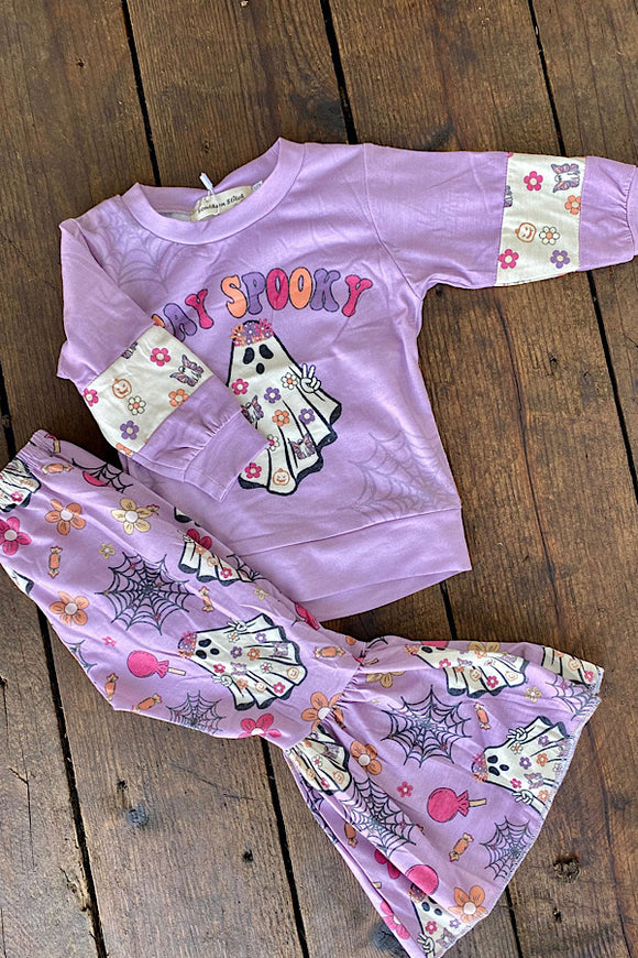 XCH0010-7H STAY SPOOKY purple ghost printed 2pcs girl set