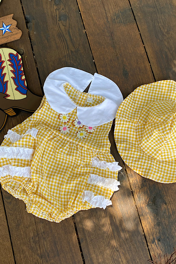 DLH2351 Yellow & white checkers baby romper w/embroidery details & hat included