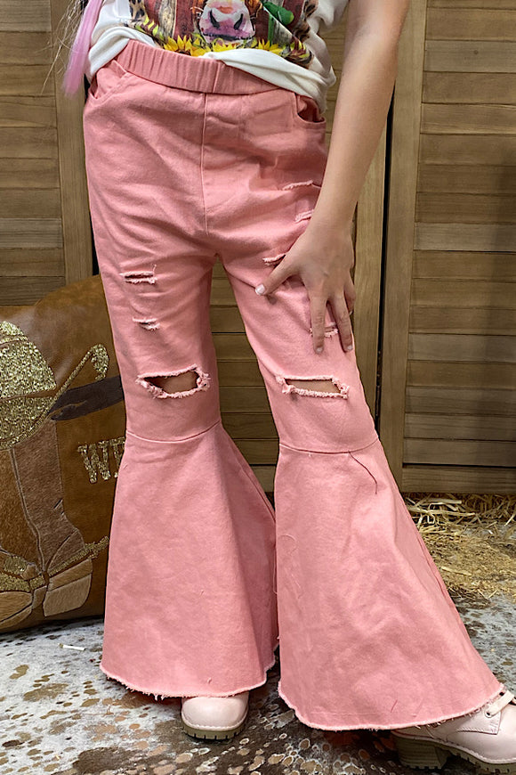 206014M Pink distressed  bell bottom girl jeans