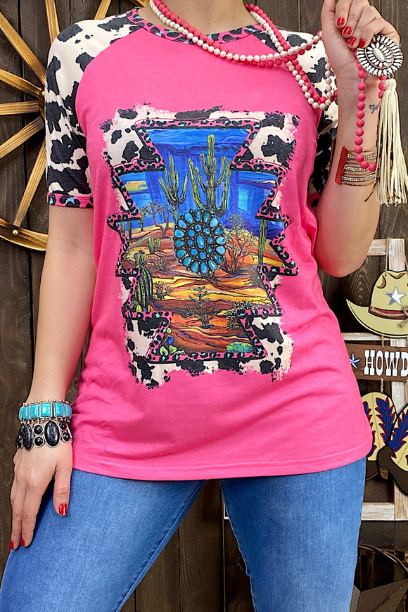 XCH12988 Cactus & cow printed short sleeve pink t-shirt