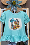 DLH1108-16 Turquoise horse shoe & sunflower printed ruffle girl top