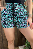 YMY12587 Turquoise leopard printed adjustable waist shorts