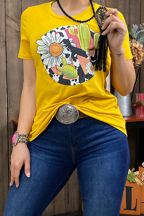 DLH10487 Yellow cow peace sign & cactus printed short sleeve t-shirt