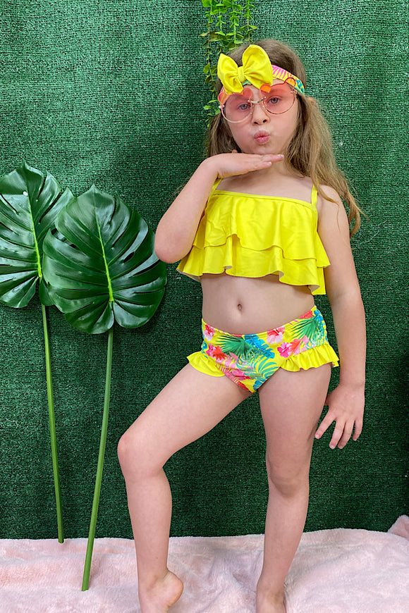 DLH2335 Yellow tropical print girl swimming suite 2pcs set