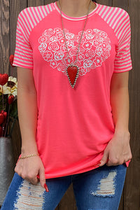 DLH8847 Pink/white rose printed heart t-shirt