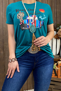 DLH9121-1 "KEEP ON TRUCKIN" teal graphic top