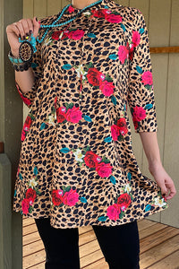 GJQ10127 Leopard/Floral printed hoodie dress w/pockets