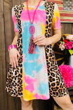 GJQ10602 Multi color tie dye & leopard printed short sleeve dress with pockets