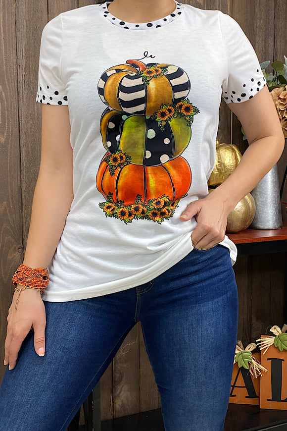 Polka dots & pumpkin white printed short sleeve t-shirt