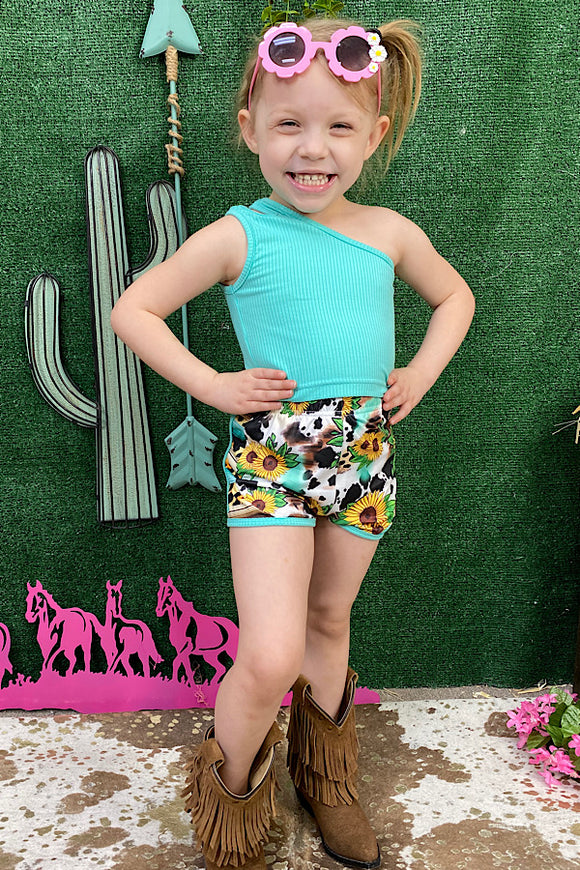 DLH2308 Turquoise one shoulder top w/multi print shorts girl set