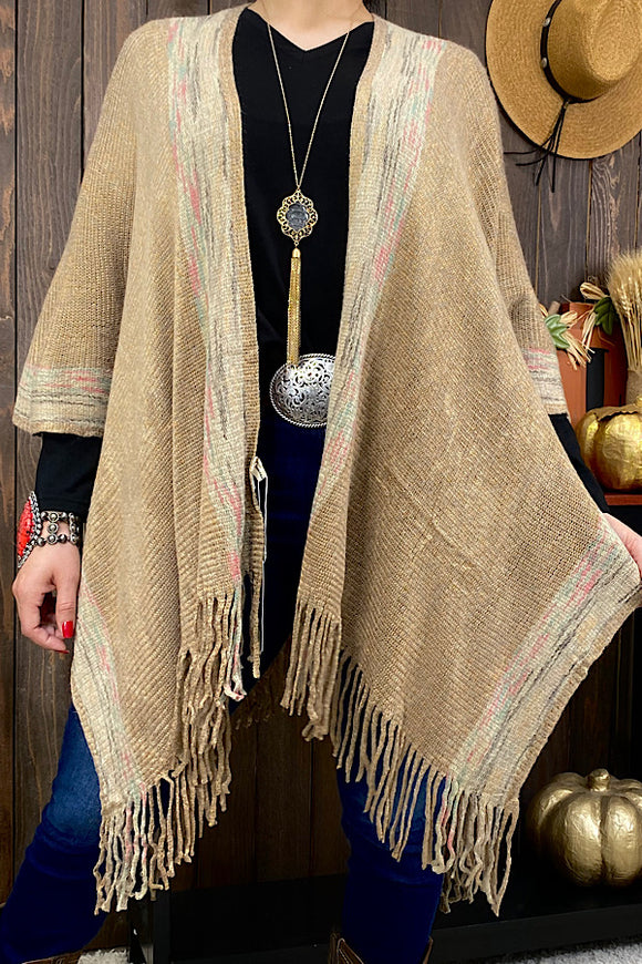 TTY11095 Beige & multi color shawl w/tassels