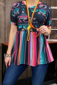 XCH11734 Multi color serape & floral printed baby doll blouse