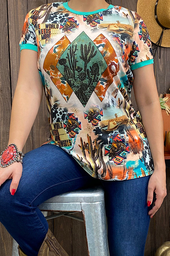 XCH12014 The world need more cowboys  cactus printed t-shirt