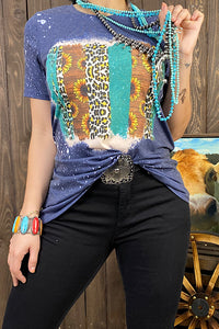 XCH12489 Blue leopard & sunflower printed short sleeve t-shirt