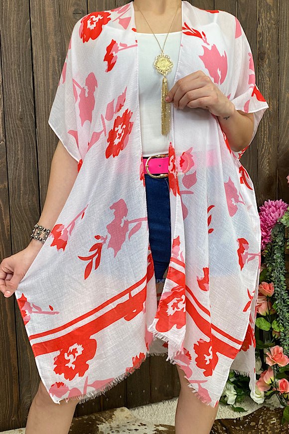 ZJ7276 Pink/white and red floral printed kimono